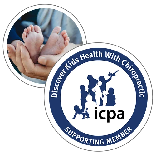 A parent's hand holding an infant's feet and the ICPA logo